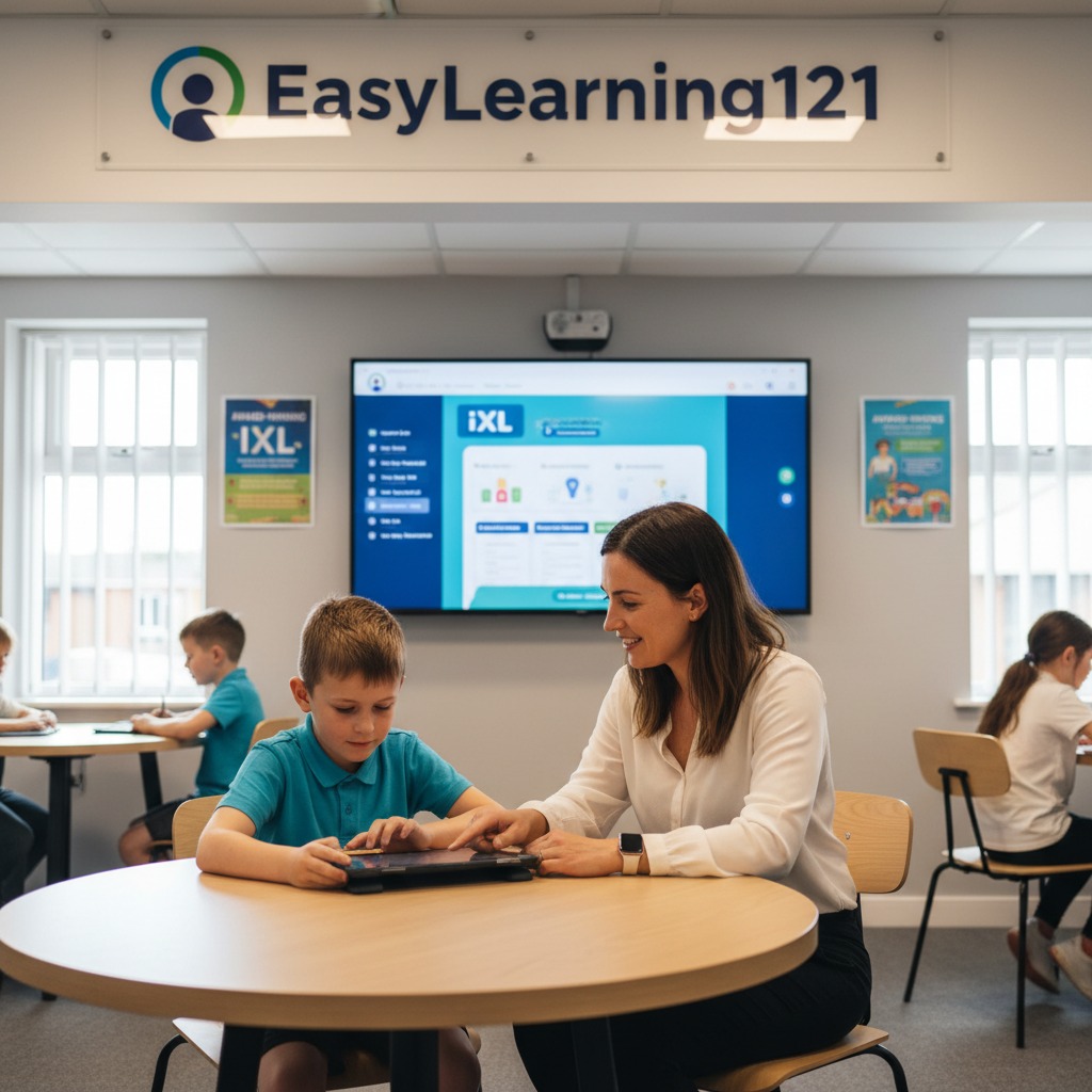 Students using IXL learning platform with in-person tutor guidance at EasyLearning121