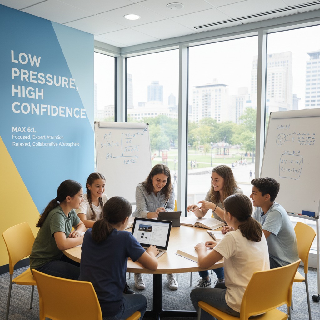 Small group of students learning together in a focused classroom environment